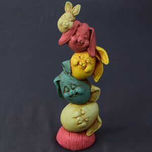 Easter Bunny Egg Stack Ceramic Statue Spring Decoration Pink Blue Yellow 9.5"